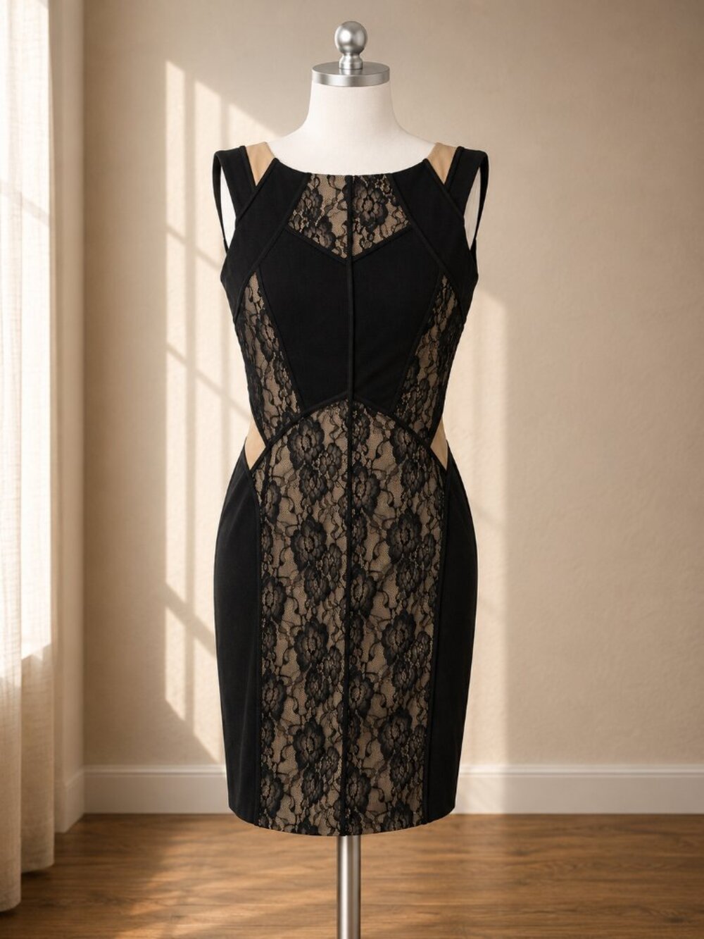 Anthropologie Maeve Black Lace Panel Dress 12 Tan Illusion Wedding Guest Party